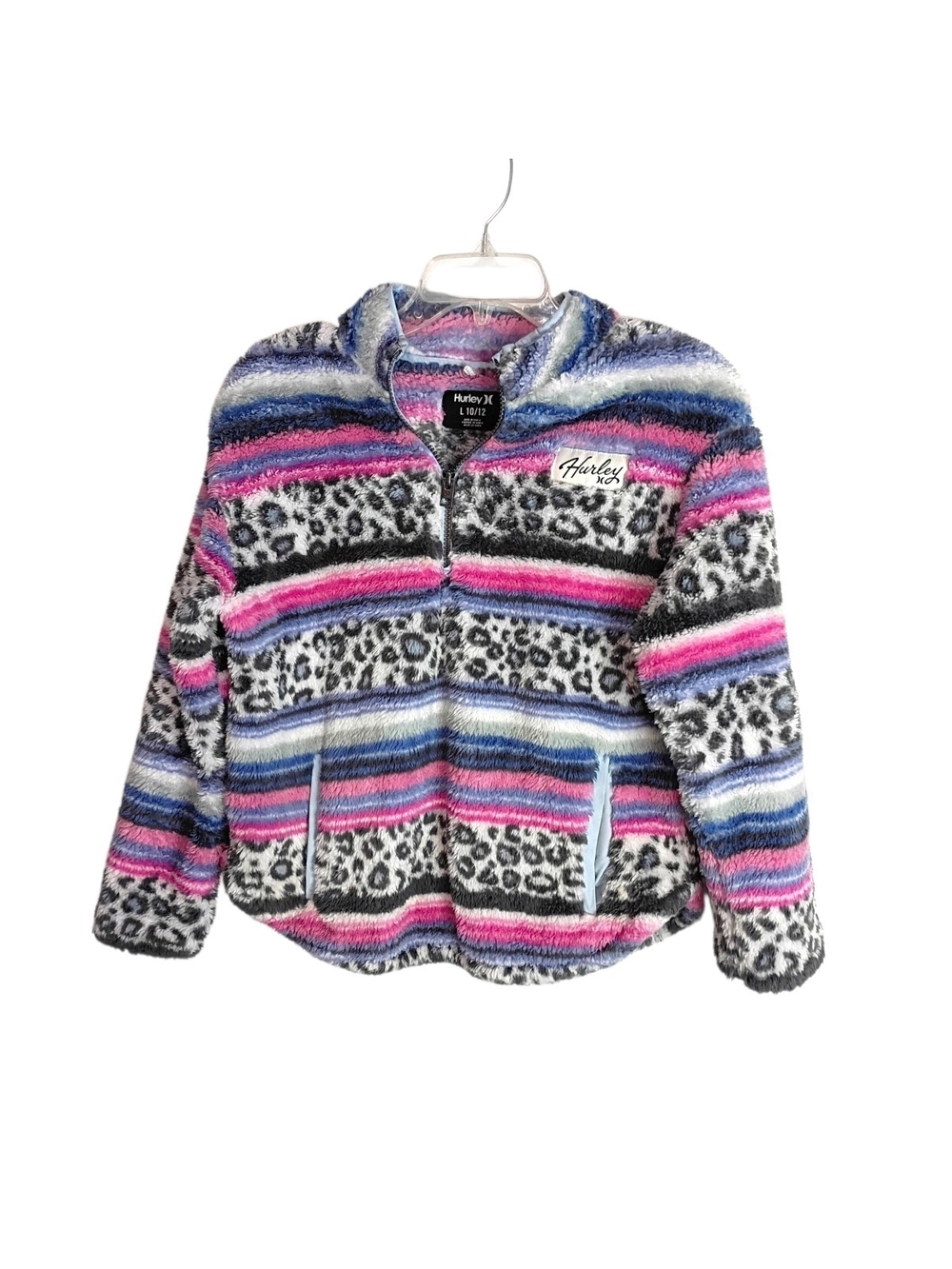 Hurley Kids Pink & Blue Striped Sherpa Half-Zip Pullover - Large  10/12
